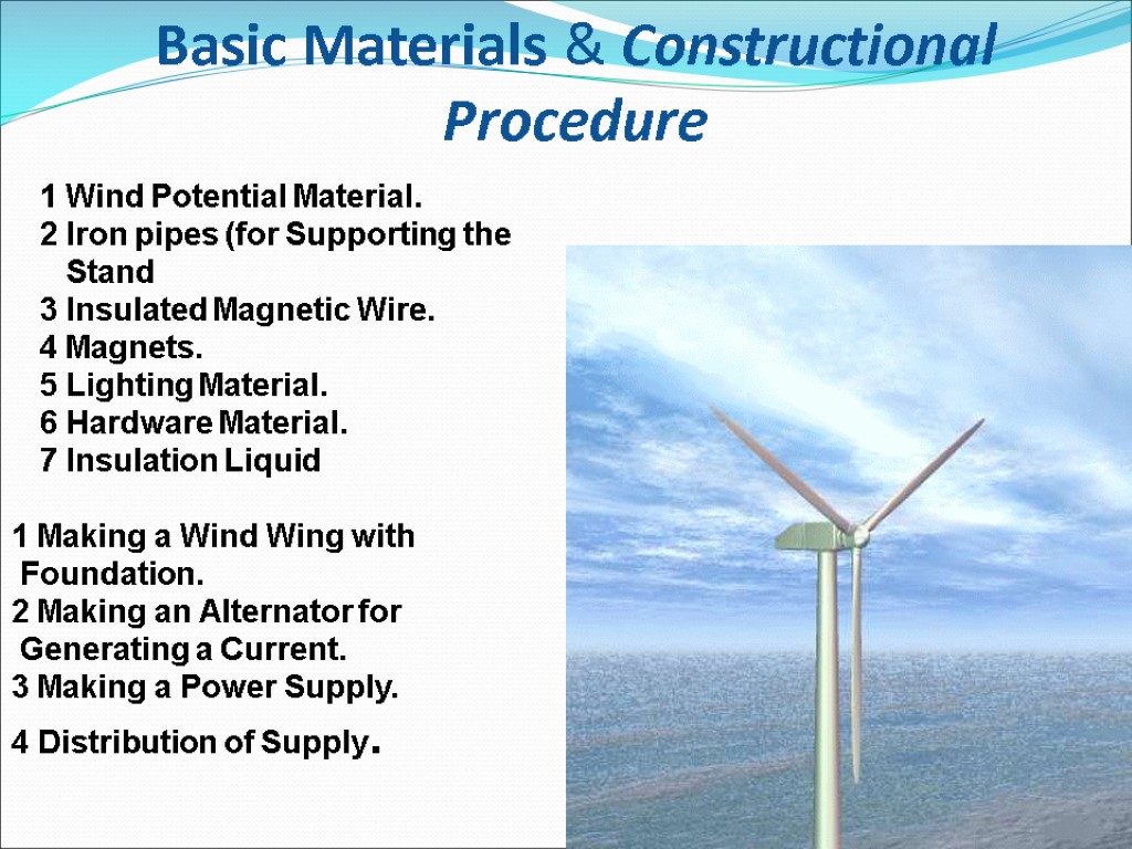 Basic Materials & Constructional Procedure 1 Wind Potential Material. 2 Iron pipes (for Supporting